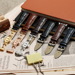 Top Grade Genuine Cow Leather Watch Strap Classic Bamboo Striped Pattern Cattlehide Watch Band With Automatic Butterflr Buckle Clasp 