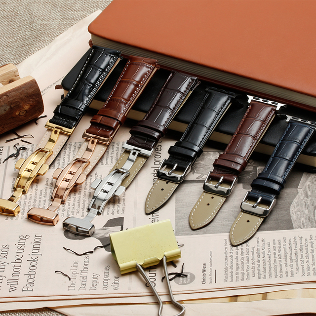 Top Grade Genuine Cow Leather Watch Strap Classic Bamboo Striped Pattern Cattlehide Watch Band With Automatic Butterflr Buckle Clasp 