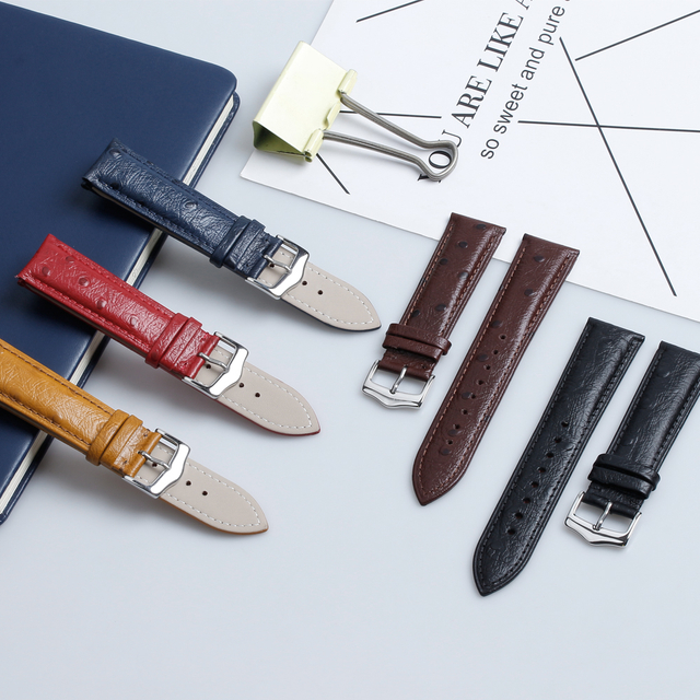 Manufacturer Supply Genuine Leather Watch Strap Accessories Vintage Ostrich Leather Watch Band With 304L/316L SS Buckle