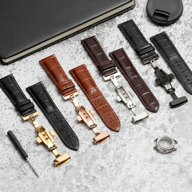 Top Grade Genuine Cow Leather Watch Strap Classic Bamboo Striped Pattern Cattlehide Watch Band With Automatic Butterflr Buckle Clasp 