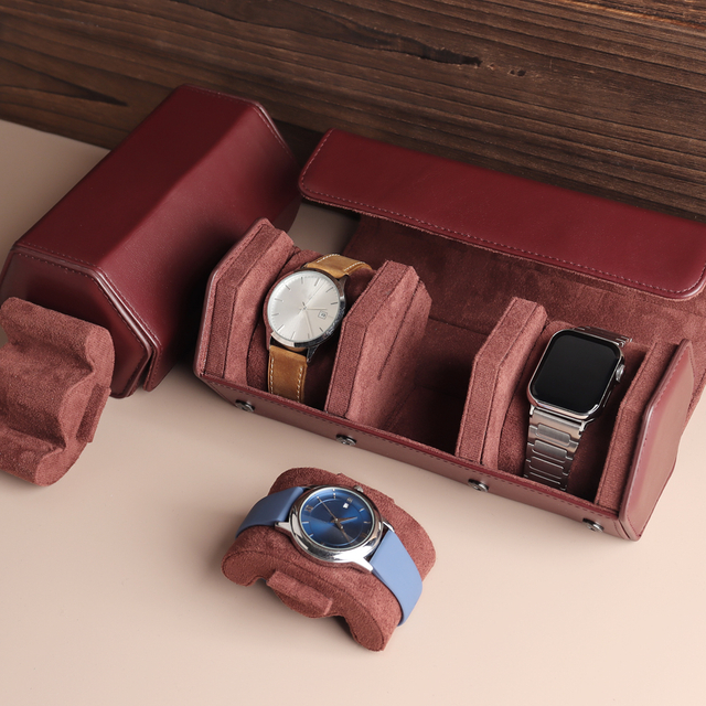 OEM Red Top Grain Genuine Leather Watch Roll with 1 Slot/2 Slot/3 Slot Leather Products Manufacturer