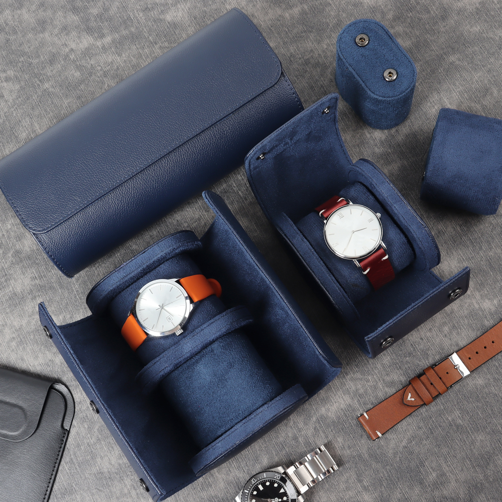 Navy leather watch roll