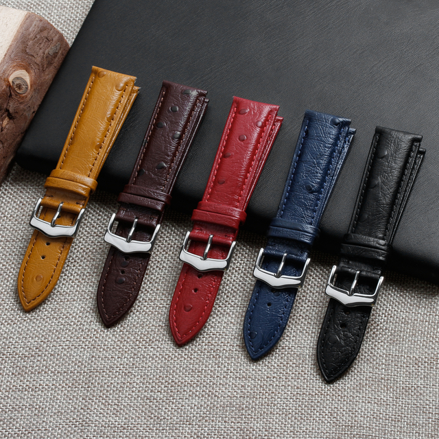 Manufacturer Supply Genuine Leather Watch Strap Accessories Vintage Ostrich Leather Watch Band With 304L/316L SS Buckle
