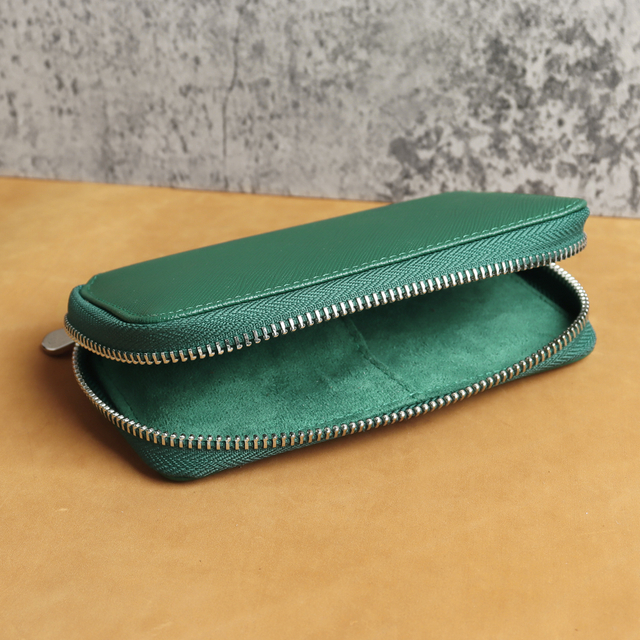 Premium Palm Grain Top-Grain Leather Zip-Around Watch Pouch - Dual-Slot "Double-Door" Design in Forest Green