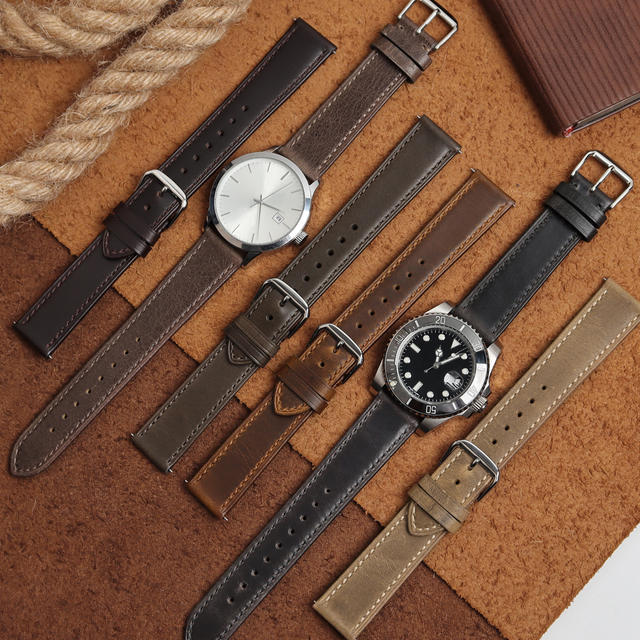 20/22mm Genuine Leather Watch Straps With Quick Release Stainless Steel Buckle Vintage Replacement Leather Watch Bands