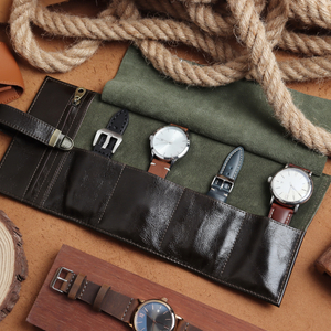 Vintage Oil Wax Leather Watch Pouch Organizer with 4 Slots & Zipper Pocket | Wholesale & OEM