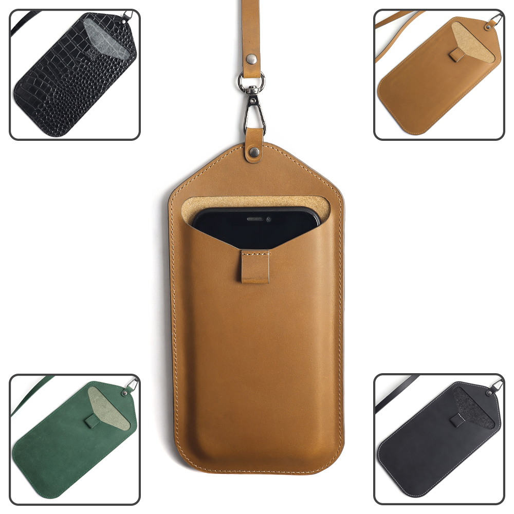 CSLWB Custom Genuine Leather Phone Sleeve with Lanyard - OEM Universal Smartphone Neck Pouch Wholesale