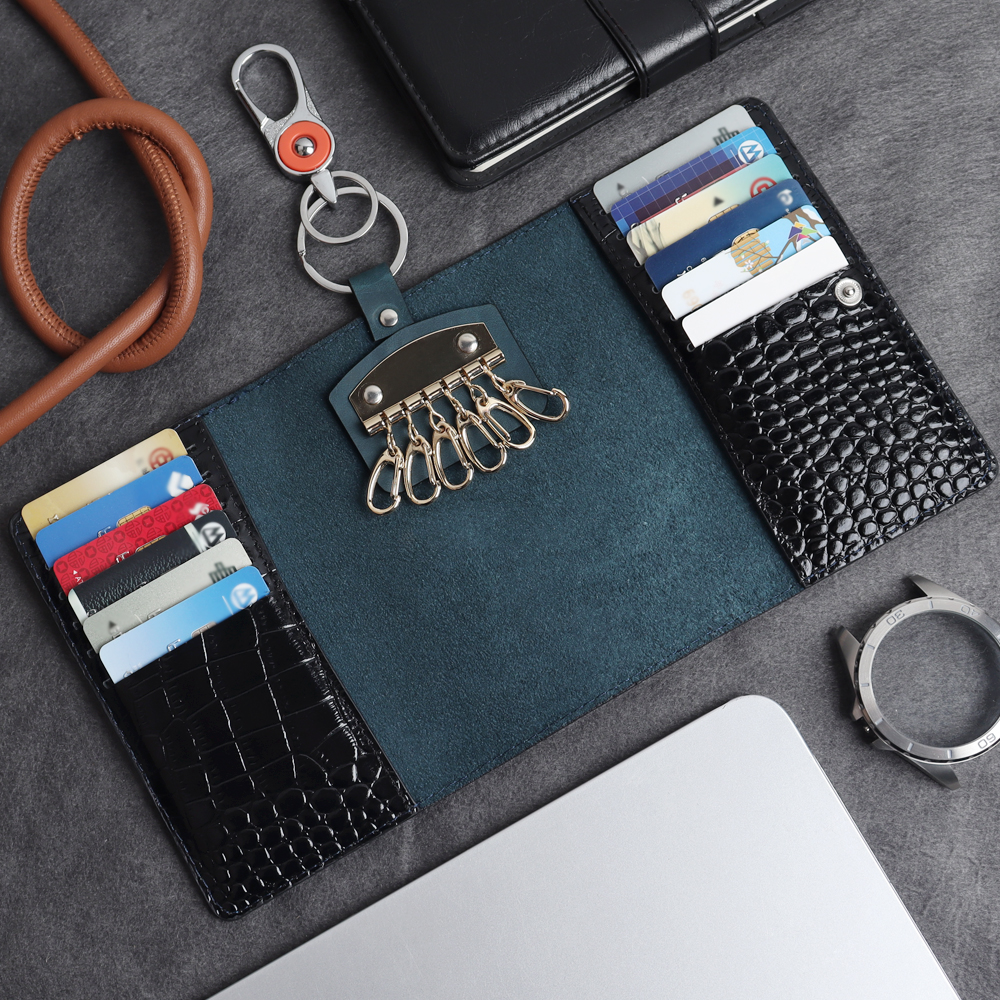 Leather Key Organizer Case with 6 Key Hooks & 3 Card Slots | Flip Key Wallet with Carabiner Clip | Custom OEM Leather Key Holder for Wholesale