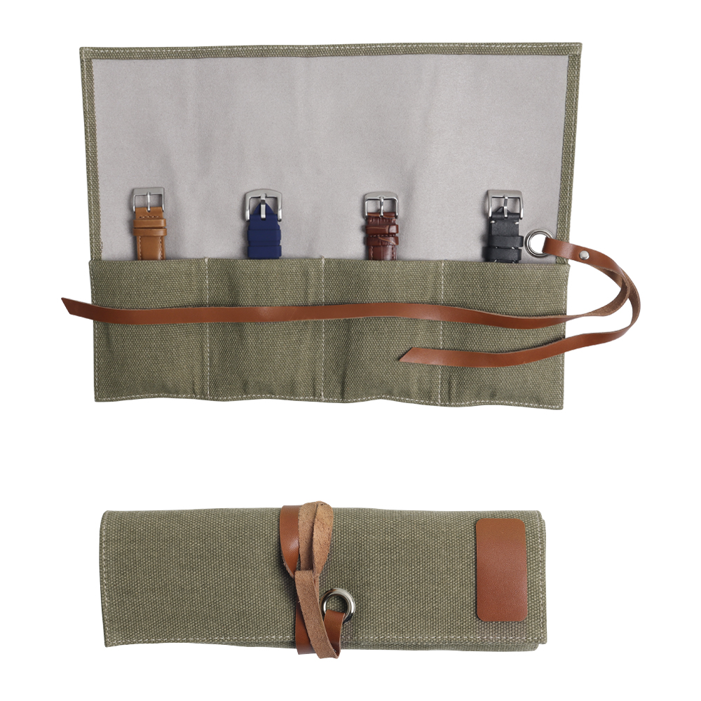 Custom Canvas and Genuine Leather 4 Watch Roll Storage Travel Case with Leather Strap Closure