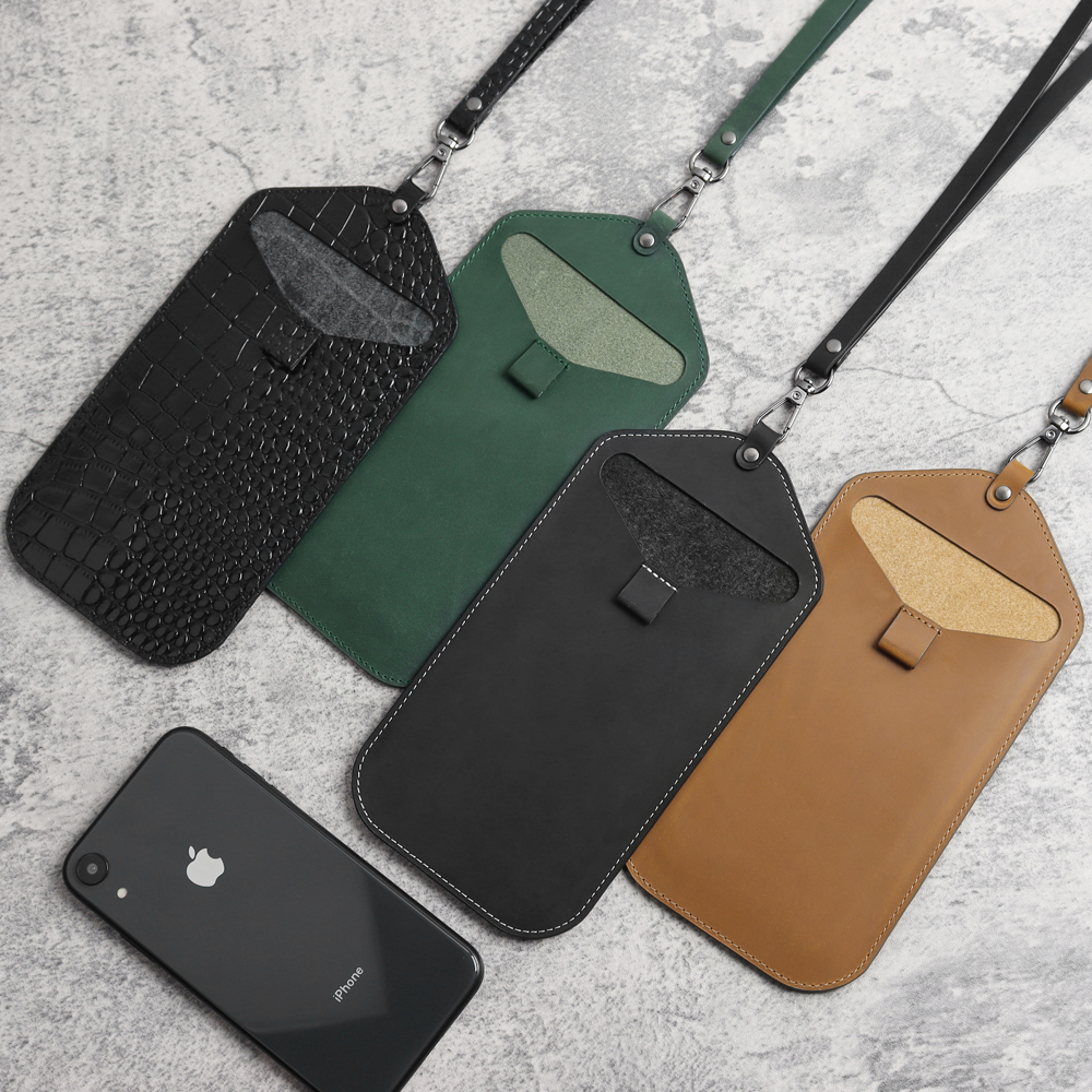 CSLWB Custom Genuine Leather Phone Sleeve with Lanyard - OEM Universal Smartphone Neck Pouch Wholesale