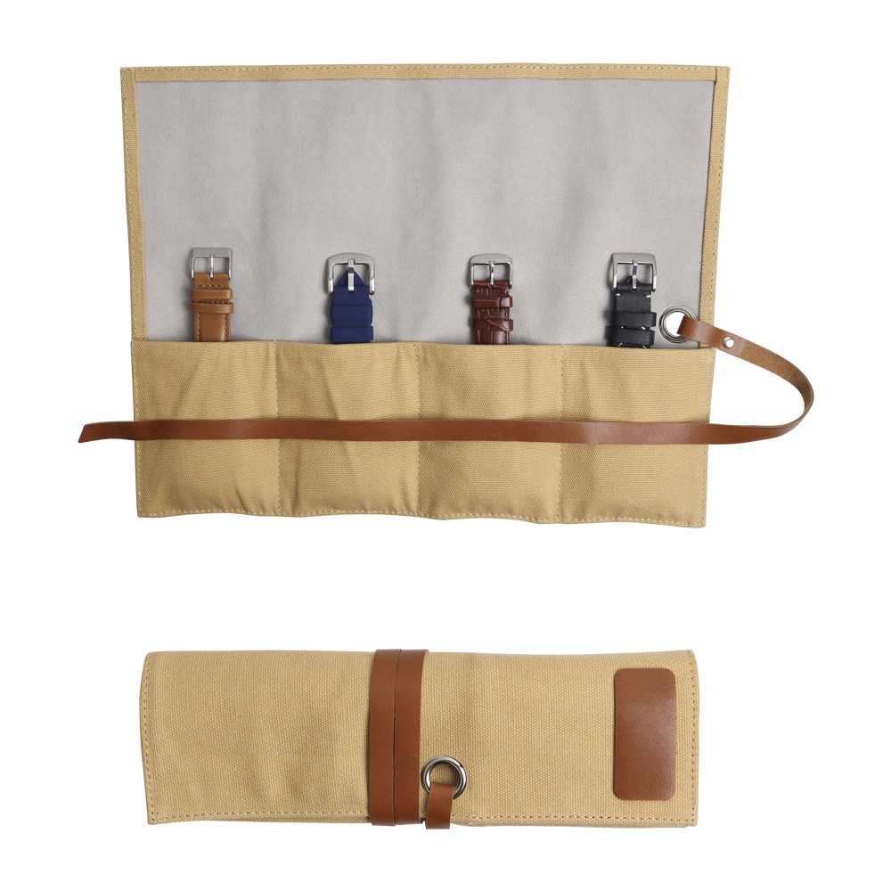 Custom Canvas and Genuine Leather 4 Watch Roll Storage Travel Case with Leather Strap Closure