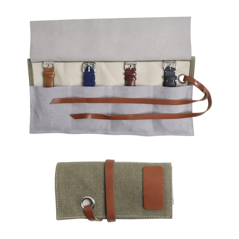Custom Canvas and Genuine Leather 4 Watch Roll Storage Travel Case with Leather Strap Closure