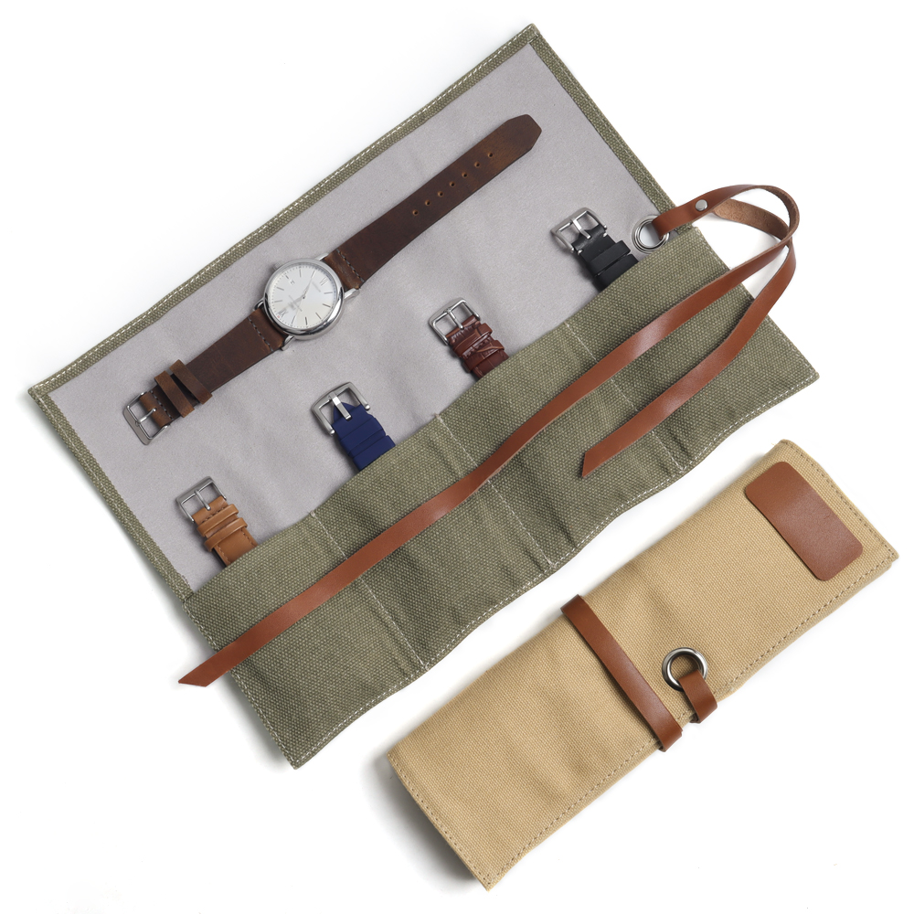 Custom Canvas and Genuine Leather 4 Watch Roll Storage Travel Case with Leather Strap Closure