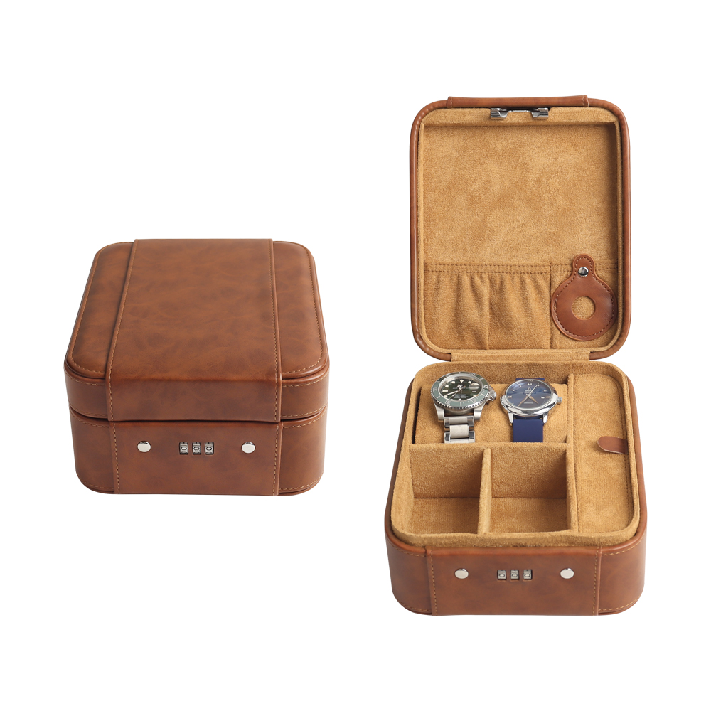 Custom Lockable Leather 2 Watch Travel Case with Combination Lock