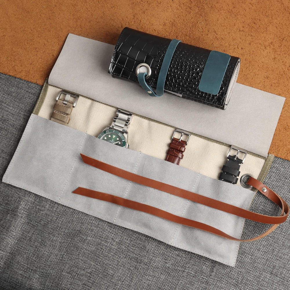 Custom Canvas and Genuine Leather 4 Watch Roll Storage Travel Case with Leather Strap Closure