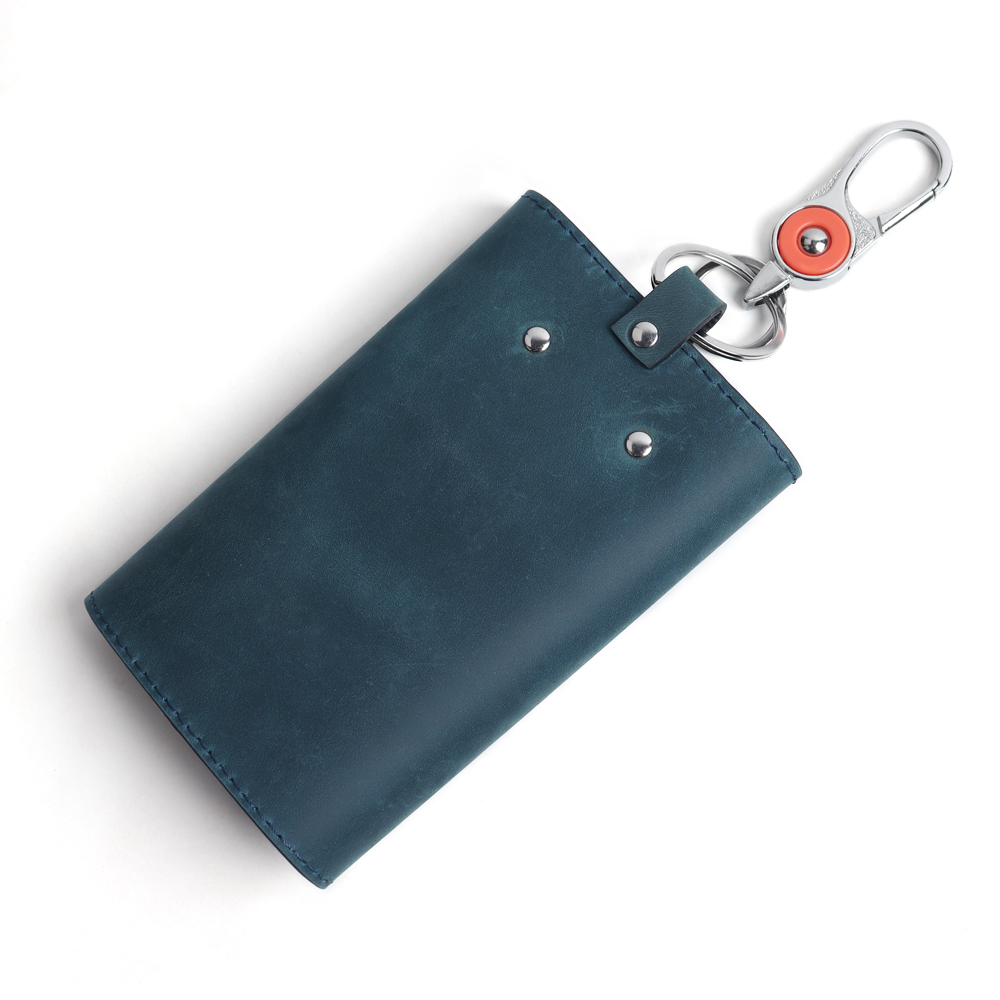 Leather Key Organizer Case with 6 Key Hooks & 3 Card Slots | Flip Key Wallet with Carabiner Clip | Custom OEM Leather Key Holder for Wholesale