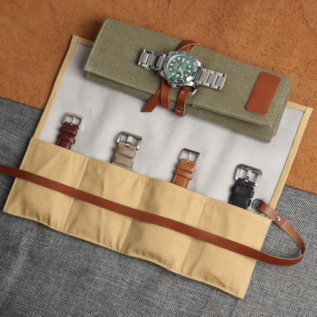 Custom Canvas and Genuine Leather 4 Watch Roll Storage Travel Case with Leather Strap Closure